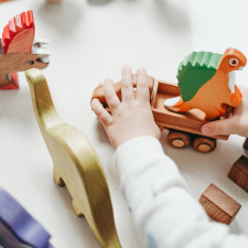 Enfant en train de jouer avec des dinosaures en bois