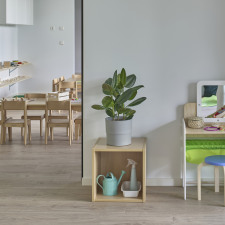 Salle de la crèche avec des meubles en bois et une plante verte