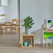 Salle de la crèche avec des meubles en bois et une plante verte